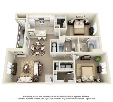 Floor plan for 2 beds, 2 baths, 1075 sqft